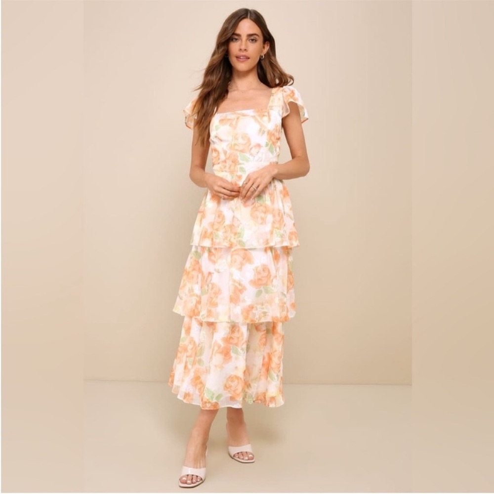 Lulu's Beyond Beauty White & Orange Floral Burnout Tiered Midi Dress. M. NWT.